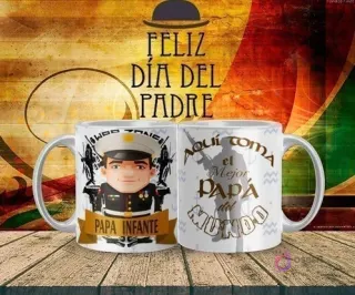 Plantilla de sublimación para tazas del Día del Padre mostrando un papá militar (infante) con uniforme y medallas, y otra taza con siluetas militares y el texto 'Aquí toma el Mejor Papá del Mundo', todo en un fondo alusivo al Día del Padre.