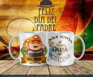 Imagen de tazas sublimadas del Día del Padre con un papá minero con casco y lámpara, rodeado de minerales, y una segunda taza con herramientas mineras y la leyenda 'Aquí toma el Mejor Papá del Mundo', sobre un fondo temático del Día del Padre.
