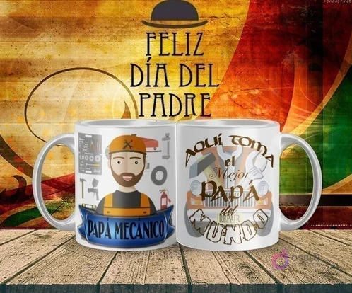 Tazas para sublimar del Día del Padre con ilustración de un papá mecánico con gorra y herramientas, junto a un diseño de piezas y herramientas mecánicas con la frase 'Aquí toma el Mejor Papá del Mundo', sobre un fondo rústico y festivo.