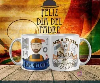 Tazas para sublimar del Día del Padre con ilustración de un papá mecánico con gorra y herramientas, junto a un diseño de piezas y herramientas mecánicas con la frase 'Aquí toma el Mejor Papá del Mundo', sobre un fondo rústico y festivo.