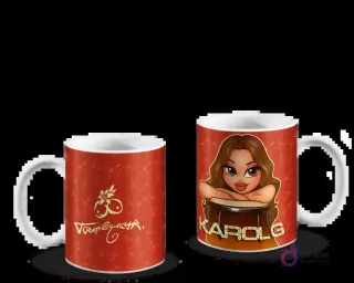 Mugs de Karol G Tropicoqueta: logo de la colección y ilustración animada de la Bichota con tambor