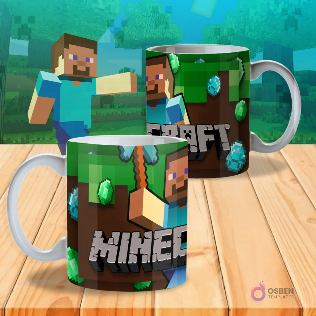 Taza sublimada con diseño de Minecraft, mostrando a Steve con diamantes en un fondo de bloques de tierra.