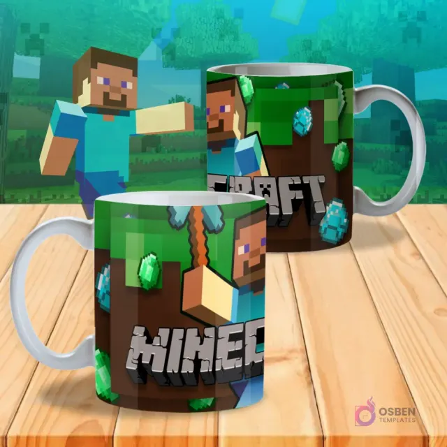 Taza sublimada con diseño de Minecraft, mostrando a Steve con diamantes en un fondo de bloques de tierra.