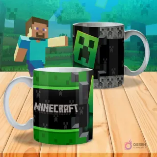 Taza sublimada con diseño de Minecraft, destacando un Creeper verde y el logo del juego sobre fondo oscuro de bloques.
