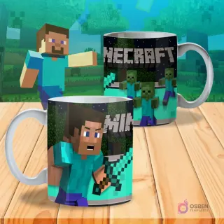 Taza sublimada con diseño de Minecraft, mostrando a Steve con espada de diamante frente a zombies en una cueva oscura.