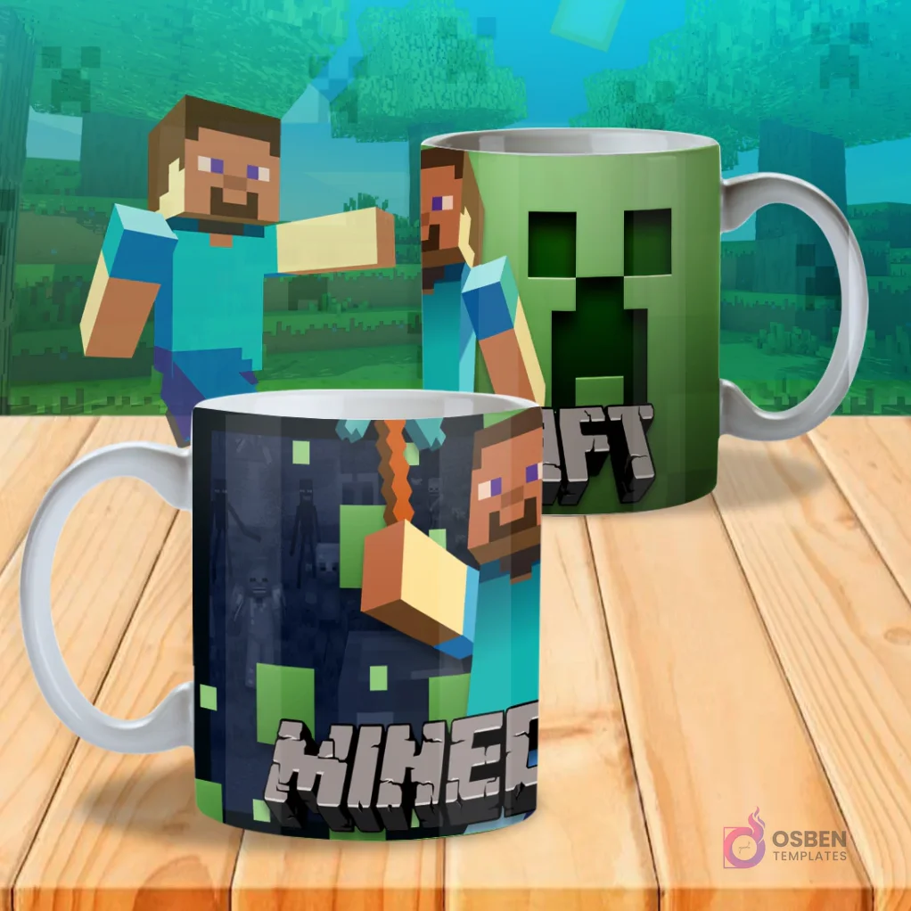 Taza sublimada con diseño de Minecraft, presentando a Steve y un Creeper en una escena de cueva oscura y misteriosa.