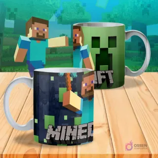 Taza sublimada con diseño de Minecraft, presentando a Steve y un Creeper en una escena de cueva oscura y misteriosa.