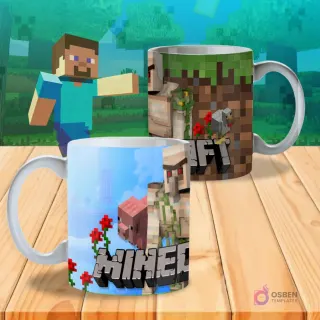 Taza sublimada con diseño de Minecraft, con un Golem de hierro, un cerdo y rosas en un paisaje de tierra y cielo claro.