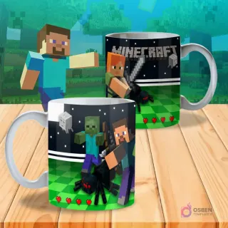 Taza sublimada con diseño de Minecraft, mostrando a Steve, Alex, arañas, fantasmas y corazones sobre un campo verde.