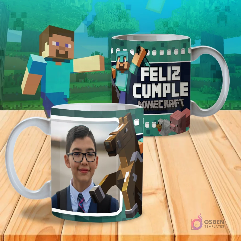 Taza sublimada 'Feliz Cumple Minecraft' con Steve, un caballo y espacio para foto personalizada de un niño.