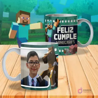 Taza sublimada 'Feliz Cumple Minecraft' con Steve, un caballo y espacio para foto personalizada de un niño.
