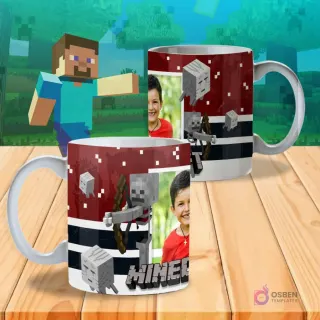 Taza sublimada con 'Minecraft', esqueletos, fantasmas, fondo rojo pixelado y espacio para foto de niño.