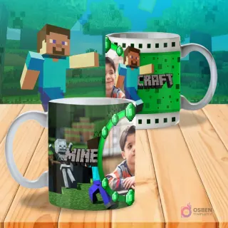 Taza sublimada con 'Minecraft', Steve, esqueleto, esmeraldas, fondo verde y espacio para foto de niño.
