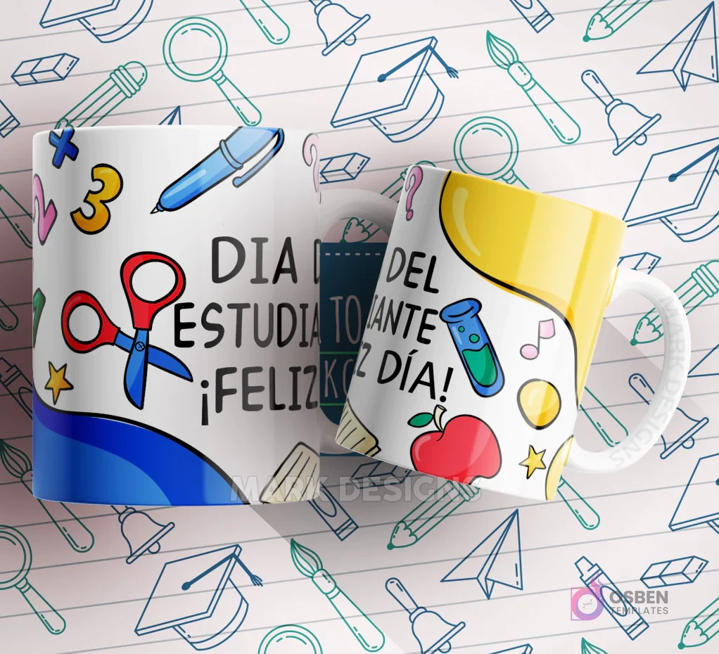 Mug blanco y azul con tijeras, lápiz, mochila y la frase 'Día del Estudiante ¡Feliz Día!'