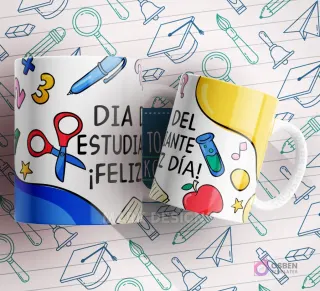 Mug blanco y azul con tijeras, lápiz, mochila y la frase 'Día del Estudiante ¡Feliz Día!'