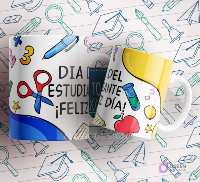 Mug blanco y azul con tijeras, lápiz, mochila y la frase 'Día del Estudiante ¡Feliz Día!'