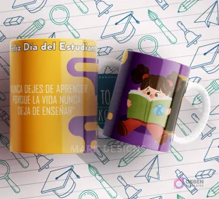 Mug amarillo y púrpura con una niña leyendo un libro y la cita 'NUNCA DEJES DE APRENDER PORQUE LA VIDA NUNCA DEJA DE ENSEÑAR'.