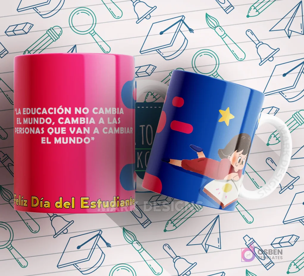 Mug fucsia y azul con una niña leyendo un libro y la frase 'LA EDUCACIÓN NO CAMBIA EL MUNDO, CAMBIA A LAS PERSONAS QUE VAN A CAMBIAR EL MUNDO'.
