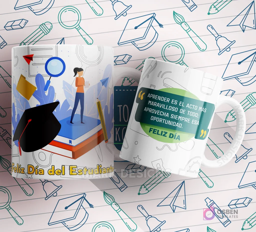 Mug blanco y verde con un birrete de graduación, libros y una estudiante, junto a la frase 'APRENDER ES EL ACTO MÁS MARAVILLOSO DE TODO: APROVECHA SIEMPRE ESA OPORTUNIDAD'.