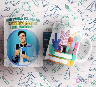 Mug blanco y azul con un estudiante sonriente con libros y auriculares, y la frase 'AQUÍ TOMA EL MEJOR ESTUDIANTE DEL MUNDO'.
