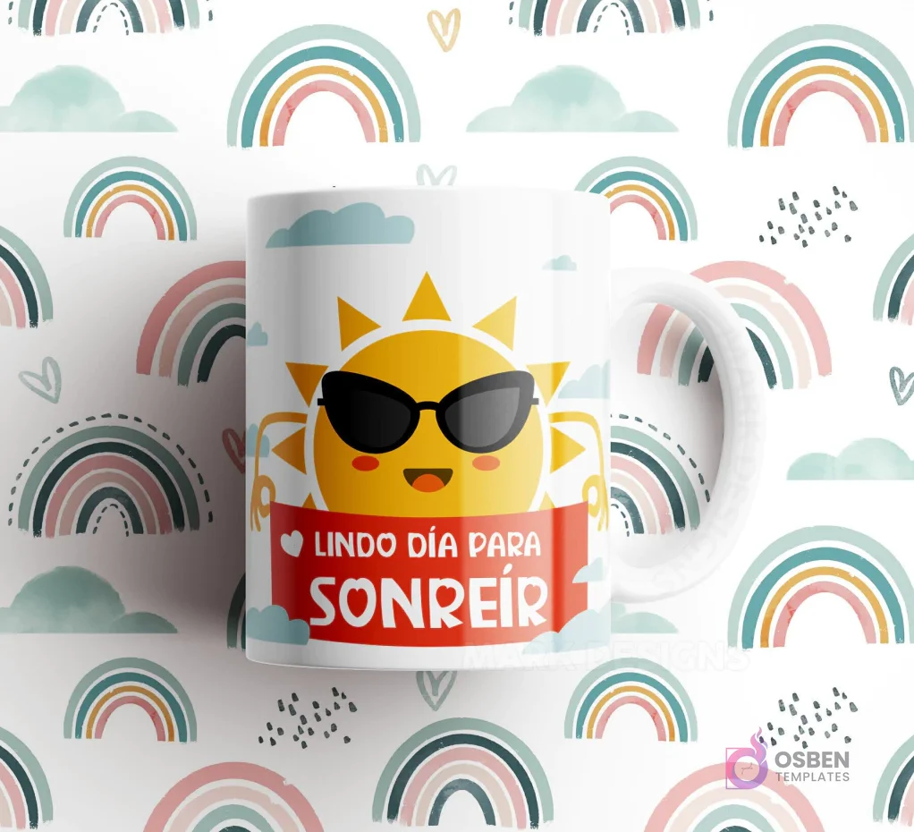 Taza blanca con frase 'Lindo día para SONREÍR' y un sol caricaturesco con gafas de sol, sobre fondo de arcoíris.