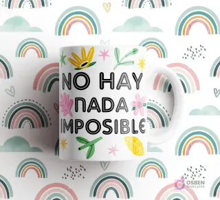 Taza blanca con frase 'NO HAY NADA IMPOSIBLE' con formas geométricas y detalles florales, sobre fondo de arcoíris.