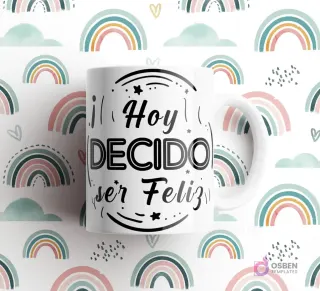 Taza blanca con frase 'Hoy DECIDO ser Feliz' con estrellas y líneas abstractas en negro, sobre fondo de arcoíris.
