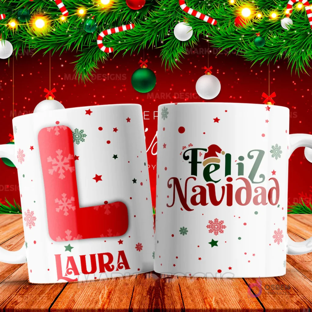 Taza sublimada con la letra L mayúscula en rojo adornada con copos de nieve, junto al nombre 'LAURA' y al reverso 'Feliz Navidad' con estrellas y copos de nieve.