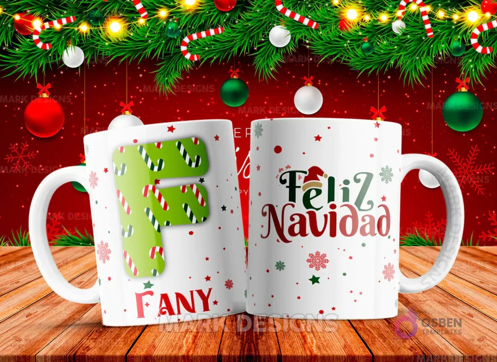 Taza sublimada con la letra F mayúscula en verde y blanco con patrones de bastones de caramelo, junto al nombre 'FANY' y al reverso 'Feliz Navidad' con estrellas y copos de nieve.