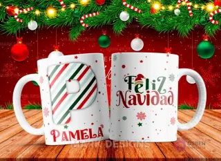 Taza sublimada con la letra P mayúscula en rayas rojas, verdes y blancas, junto al nombre 'PAMELA' y al reverso 'Feliz Navidad' con estrellas y copos de nieve.