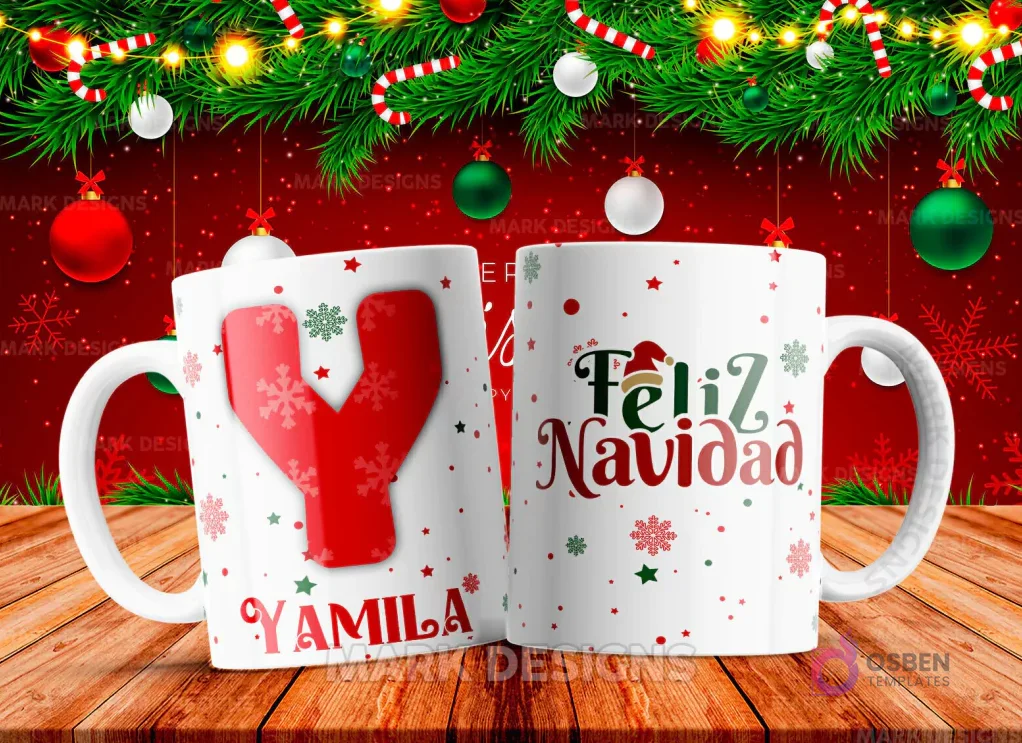 Taza sublimada con la letra Y mayúscula en rojo adornada con copos de nieve, junto al nombre 'YAMILA' y al reverso 'Feliz Navidad' con estrellas y copos de nieve.
