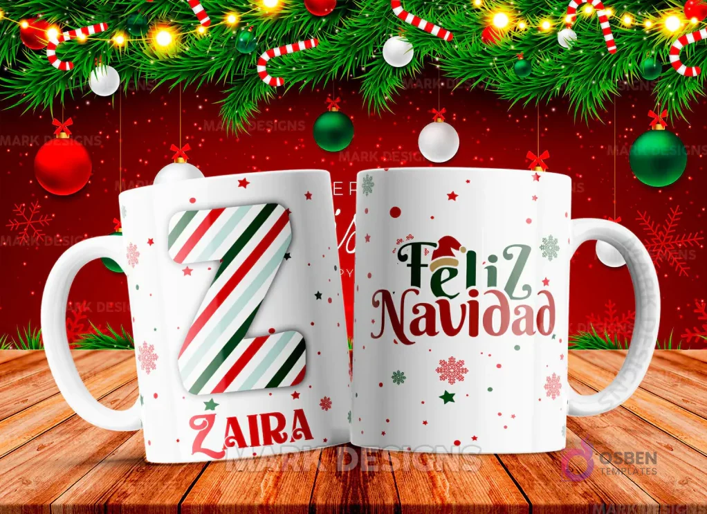 Taza sublimada con la letra Z mayúscula en rayas rojas, verdes y blancas, junto al nombre 'ZAIRA' y al reverso 'Feliz Navidad' con estrellas y copos de nieve.