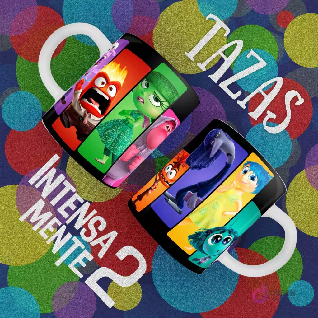Tazas negras con diseño dividido de emociones de Intensamente 2: Furia, Asco, Ansiedad, Ennui y Alegría, Miedo, Vergüenza, Envidia sobre fondo de círculos coloridos.
