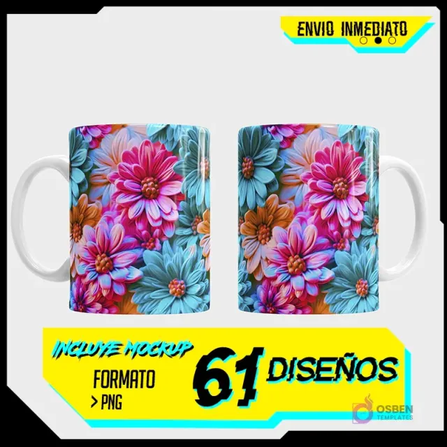 Taza blanca sublimada con diseño de flores 3D de colores vibrantes como fucsia, turquesa y naranja, vista frontal y trasera. Incluye textos 'ENVIO INMEDIATO', 'INCLUYE MOCKUP', '61 DISEÑOS', 'FORMATO PNG'.