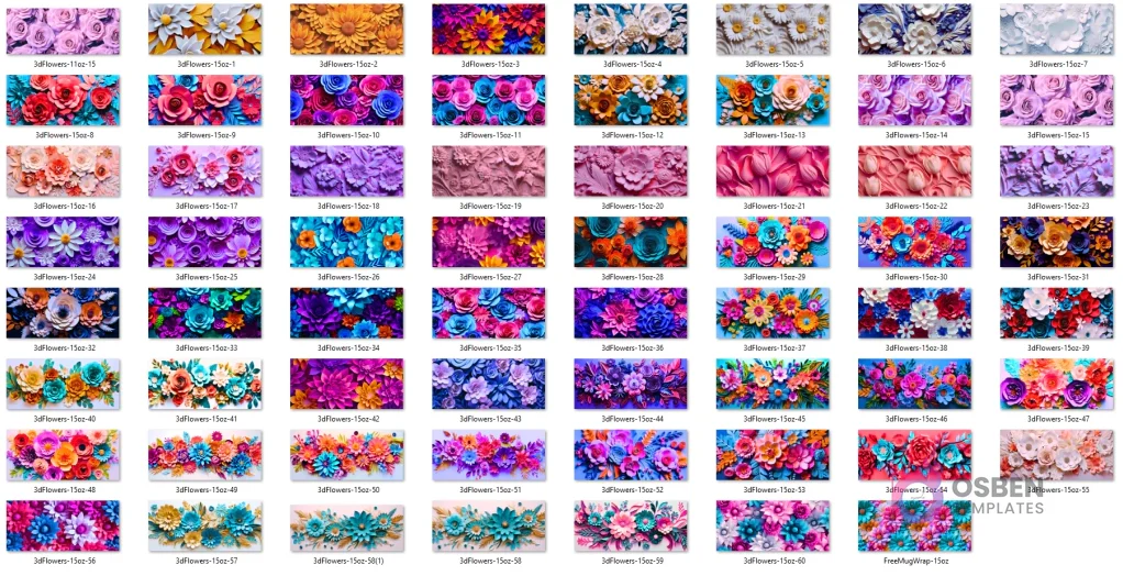 Cuadrícula con 61 vistas previas de diseños de flores 3D diferentes, mostrando la vasta colección de patrones florales coloridos y estilos variados.