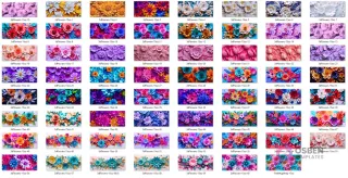 Cuadrícula con 61 vistas previas de diseños de flores 3D diferentes, mostrando la vasta colección de patrones florales coloridos y estilos variados.