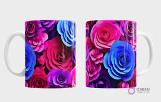 Taza sublimada con un patrón denso de rosas 3D en tonos vibrantes de fucsia, azul eléctrico y morado oscuro, vista frontal y trasera.