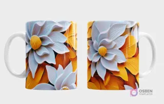 Taza con diseño de grandes flores 3D en blanco y amarillo crema sobre un fondo dorado, con efecto de relieve y profundidad, vista frontal y trasera.