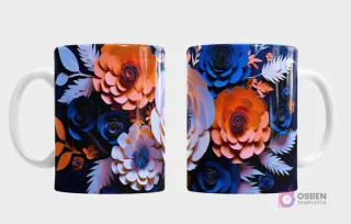 Taza con un diseño de arreglo floral 3D abstracto en tonos de azul marino, naranja quemado y blanco perla, con hojas y pétalos superpuestos, vista frontal y trasera.
