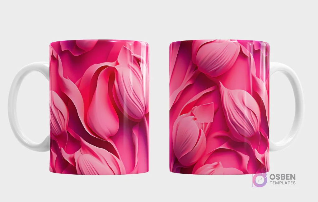 Taza sublimada con un patrón de cogollos de tulipanes o capullos florales 3D en diversas tonalidades de rosa intenso y magenta, vista frontal y trasera.