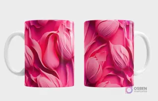 Taza sublimada con un patrón de cogollos de tulipanes o capullos florales 3D en diversas tonalidades de rosa intenso y magenta, vista frontal y trasera.