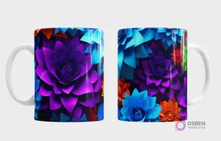 Taza con diseño de flores suculentas o de loto 3D en colores vibrantes de morado intenso, azul turquesa y naranja, sobre un fondo oscuro, vista frontal y trasera.