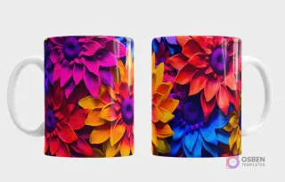 Taza sublimada con un vibrante patrón de flores 3D estilo dalia o crisantemo en tonos de fucsia, naranja, amarillo y azul, con gran detalle de pétalos, vista frontal y trasera.