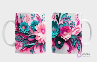 Taza con un elegante arreglo floral 3D de estilo vintage en tonos de rosa pastel, fucsia y turquesa menta, con hojas y enredaderas, vista frontal y trasera.