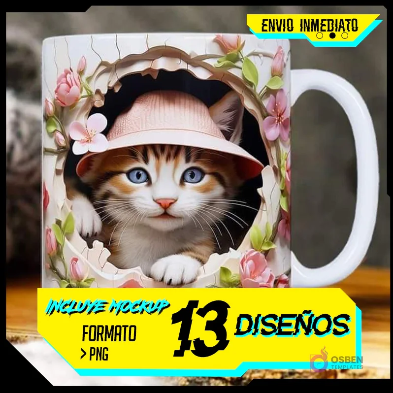 Plantilla 3D de gatito con sombrero rosa y flores para taza de sublimación. Envío inmediato.