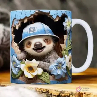 Plantilla 3D de perezoso sonriente con casco azul y flores para taza de sublimación.