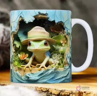 Plantilla 3D de rana con sombrero de paja y flores de bosque para taza de sublimación.