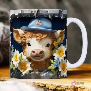 Plantilla 3D de becerro con gorro azul y flores blancas y azules para taza de sublimación.