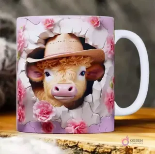 Plantilla 3D de becerro con sombrero vaquero y flores rosas para taza de sublimación.