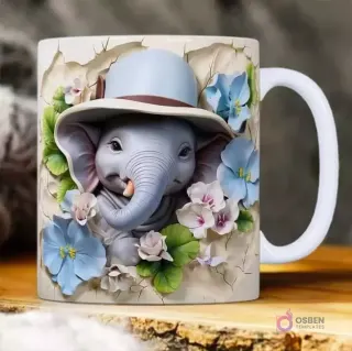 Plantilla 3D de elefante bebé con sombrero de copa azul y flores pastel para taza de sublimación.